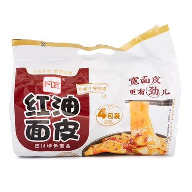 BJ Broad Noodle - Sour & Hot 440g (4Packs) <br> 白家阿寛袋裝紅油麵皮-酸辣 (4連包)