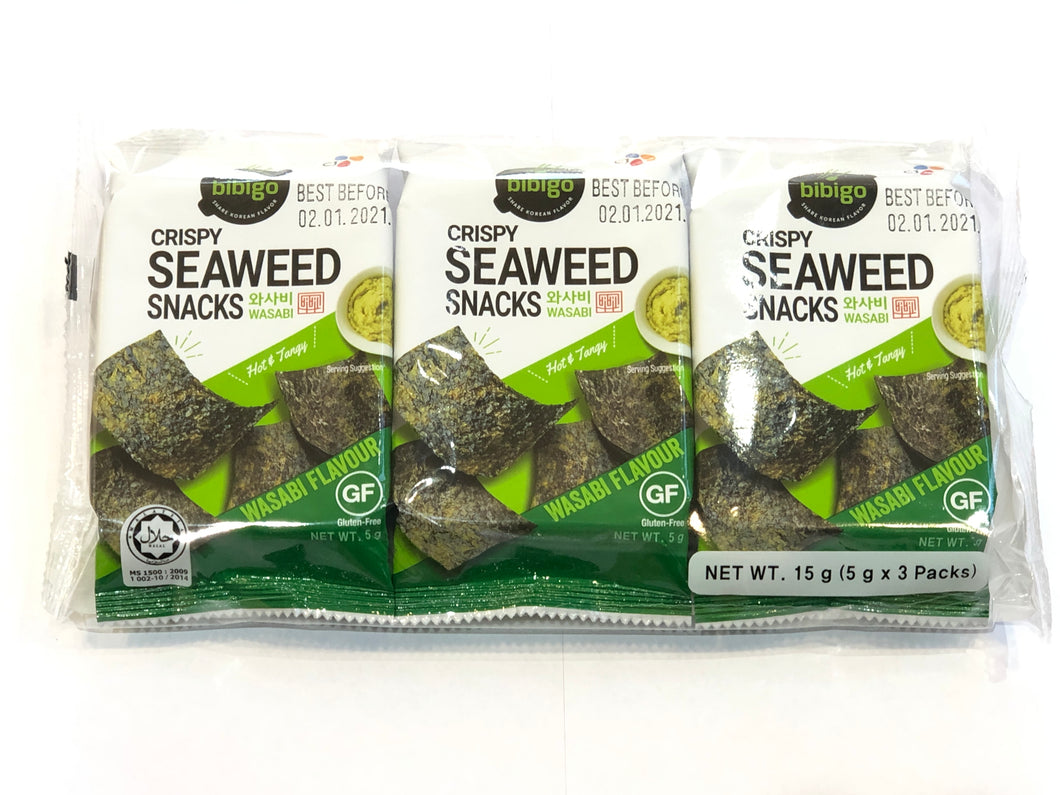 CJ Bibigo Crispy Seaweed Snacks (Wasabi) 15g (3Pack) <br> CJ Bibigo 脆紫菜 (芥辣味)